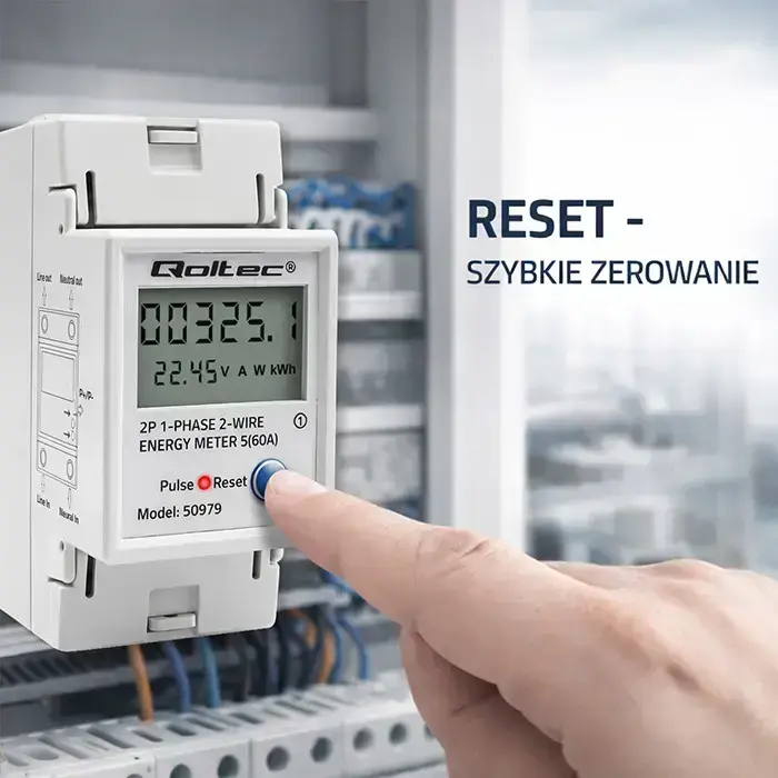 Qoltec Single-phase electronic energy consumption meter for DIN rail | RESET | periodic and continuous meter | 230V | 60A | LCD | LED | 2P Foto 3