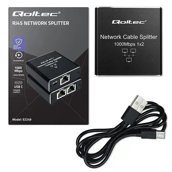 Qoltec Splitter mini SWITCH 1x2 port RJ45 | 1000Mbps | USB-C | Aluminium Photo 9