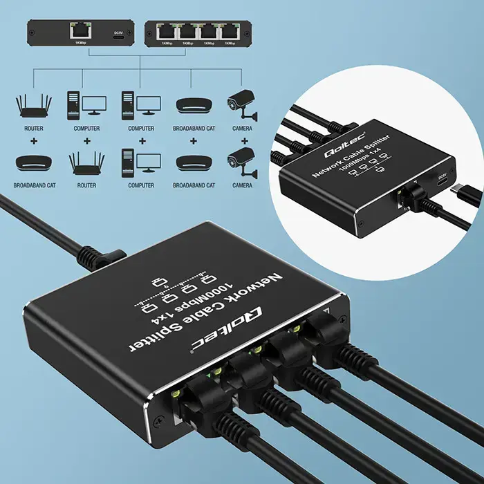 Qoltec Splitter Ethernet mini SWITCH 1x4 RJ45 | 1000Mb/s | USB-C | Aluminium Фото 9