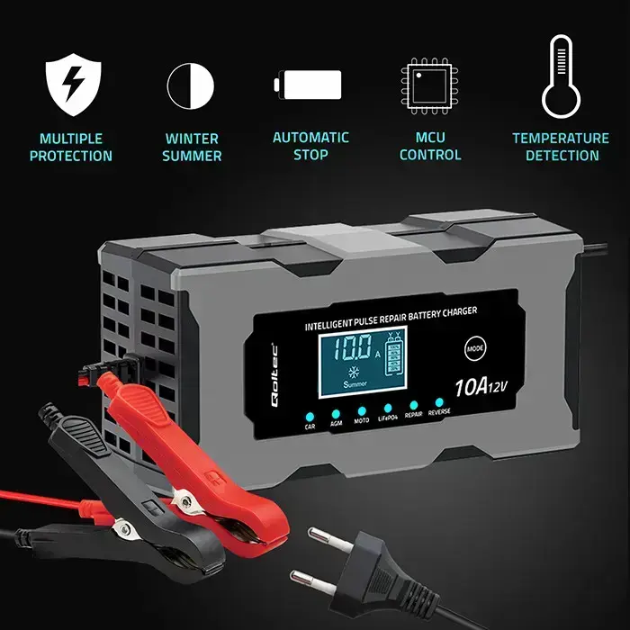 Qoltec Intelligent microprocessor charger 12V 10A | Rectifier with repair function for AGM GEL LiFePO4 battery | LCD Photo 3