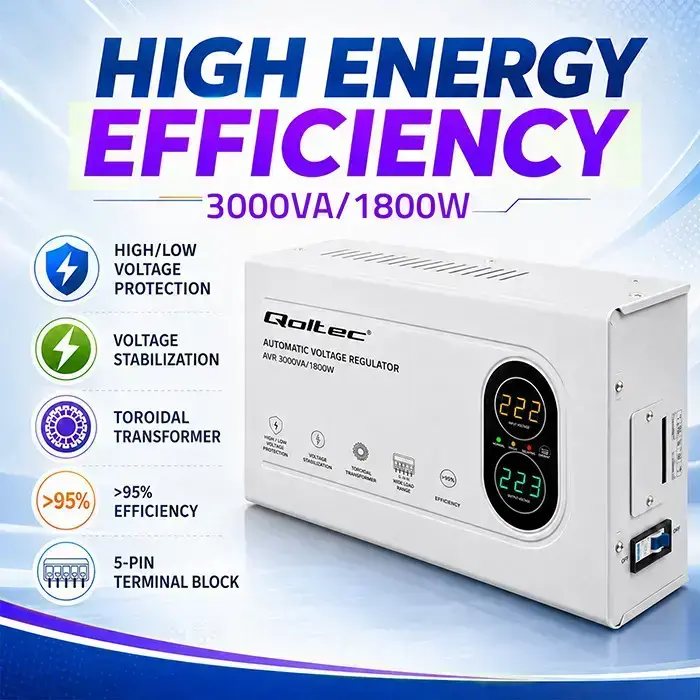 Qoltec Automatic Voltage Stabilizer AVR 3000VA | 1800W | Compact | Toroidal transformer Foto 2