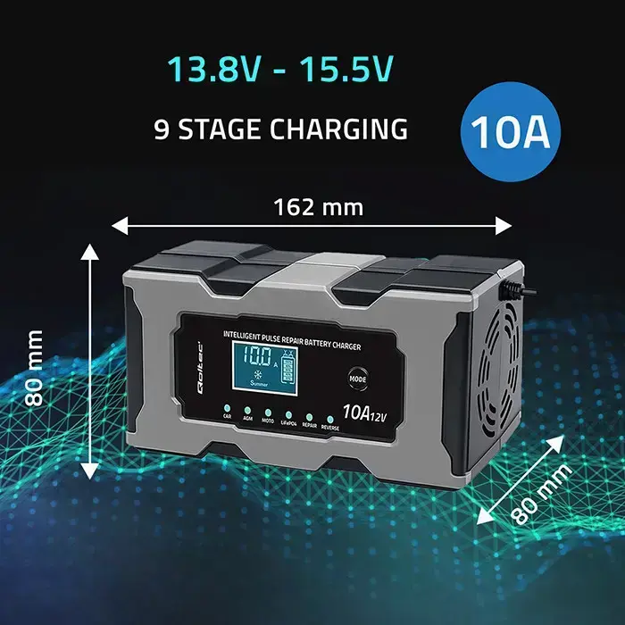 Qoltec Intelligent microprocessor charger 12V 10A | Rectifier with repair function for AGM GEL LiFePO4 battery | LCD Photo 7
