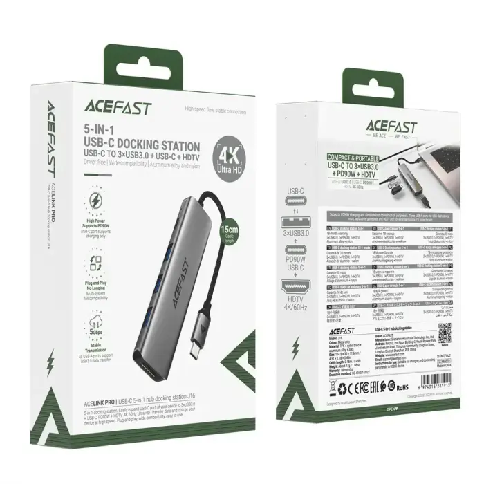 Acefast J16 USB Hub USB-C 5-in-1 HDMI 4K 60Hz PD90W Docking Station - Gray Фото 5