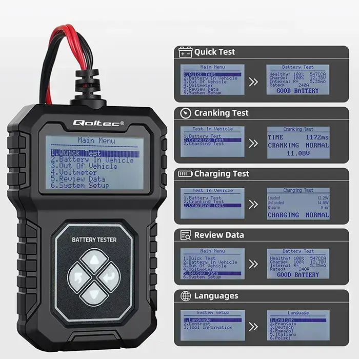 Qoltec Digital Battery tester with LCD 12V | AGM | GEL | STD | 30-220AH Photo 5
