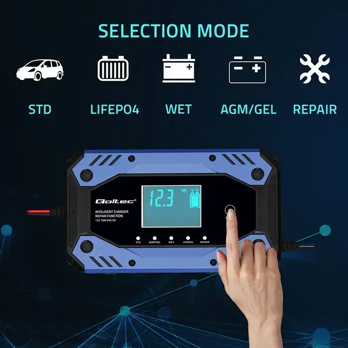 Qoltec Intelligent charger for STD AGM GEL LiFePO4 | Battery charger with repair function |12-24V |10A | LCD | 9 - stage charging Фото 2