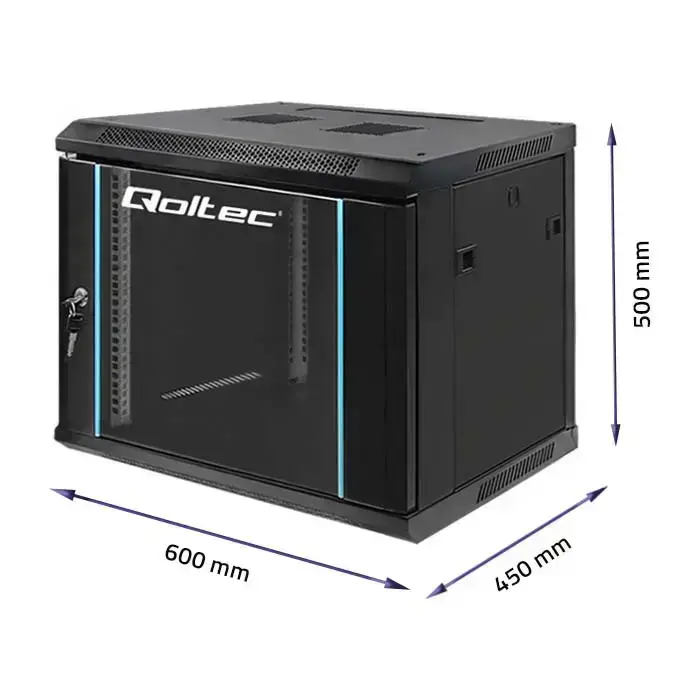 Qoltec RACK Cabinet 19" | 9U | 600 x 500 x 450 | Tempered doors | Hanging | Steel case | Lock | Black Foto 5