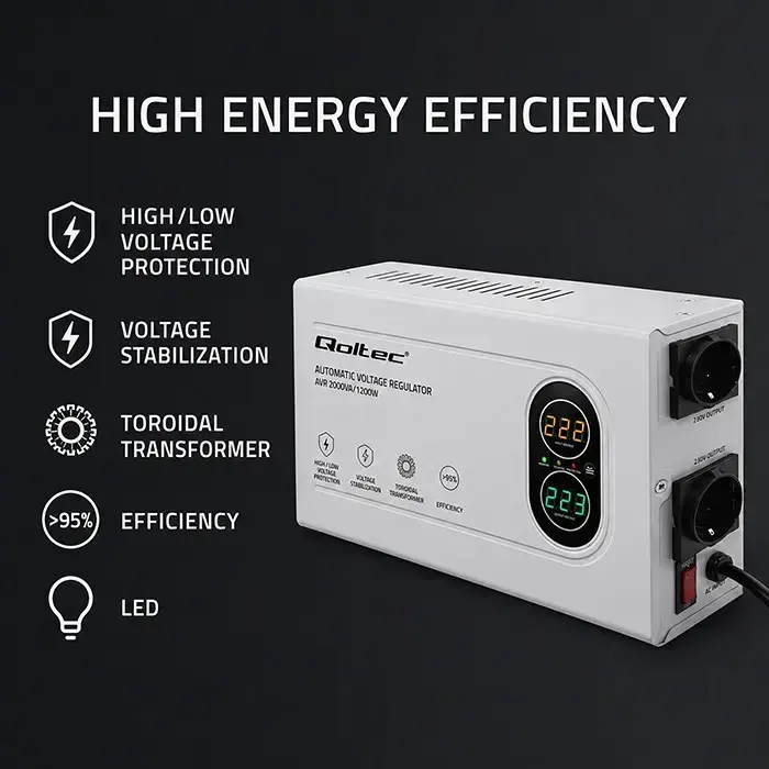 Qoltec Automatic Voltage Stabilizer AVR 2000VA | 1200W | Compact | Toroidal transformer Photo 2