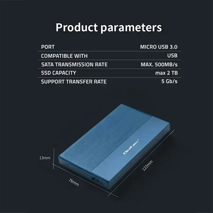 Qoltec Aluminium Enclosure | SSD HDD 2.5'' drive | SATA | USB 3.0 | Super speed 5Gb/s | 2TB | Blue Photo 5