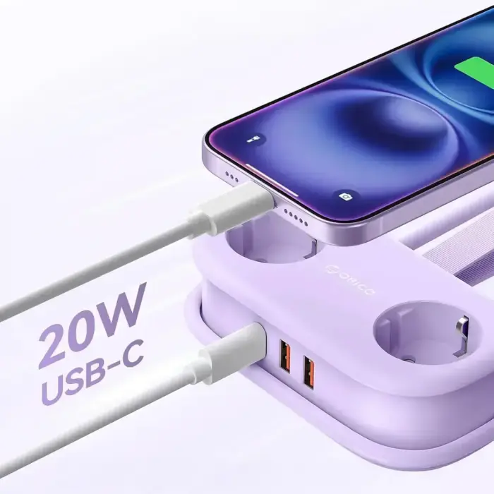 Orico AP3 20W GaN 5in1 Power Strip 2x AC + 2x USB-A + 1x USB-C - Purple Фото 4