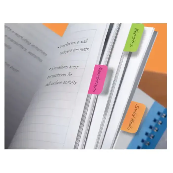 Pašlīpošie indeksi Post-it Strong rozā, zaļā un oranžā krāsās Photo 2