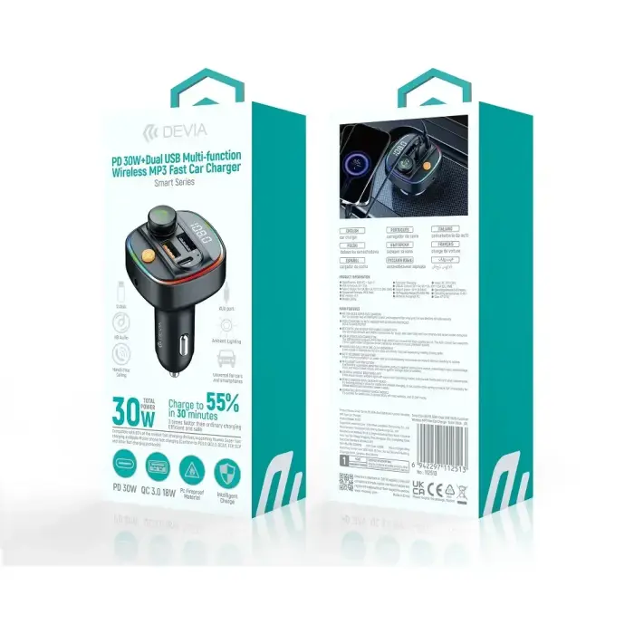 Devia transmitter FM Smart Bluetooth MP3 car charger PD 30W 1x USB-C 2x USB 3A black Фото 4