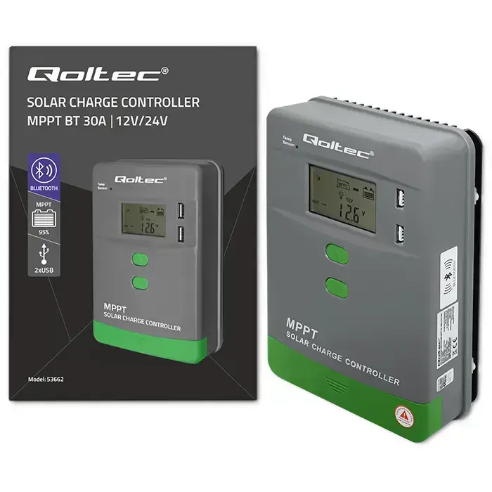 Qoltec Solar Charge Controller MPPT with Temperature Sensor 30A | 12V / 24V | LCD | 2 x USB | Bluetooth | APP | GEL | LiFePO4 Foto 12