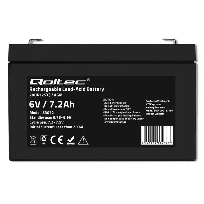 Qoltec AGM battery | 6V | 7.2 Ah | Maintenance-free | Efficient| LongLife | for toys, vehicles Фото 10