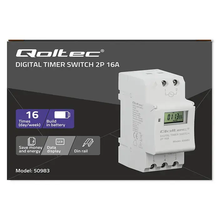 Qoltec Electronic Timer Switch for DIN Rail with Built-in Battery | 7-Day Schedule | 16 Programs Foto 10