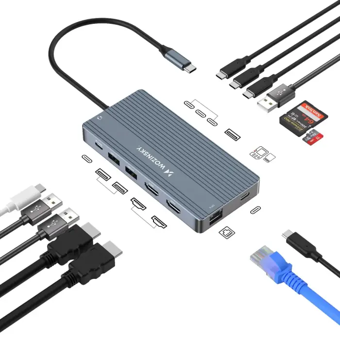 USB-C Hub 14 in 1 Wozinsky WDS03Y5S Multifunctional, Aluminum, for 3 Monitors, with 15 cm Cable - Gray Фото 2