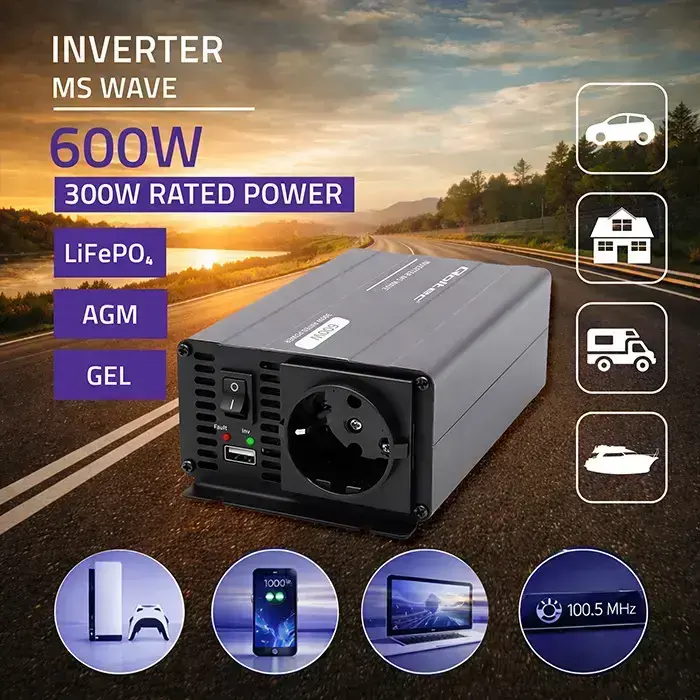 Qoltec MS Wave Voltage Converter | 12V to 230V | 300/600W | USB | Compatible with LiFePO4, GEL and AGM batteries Фото 2