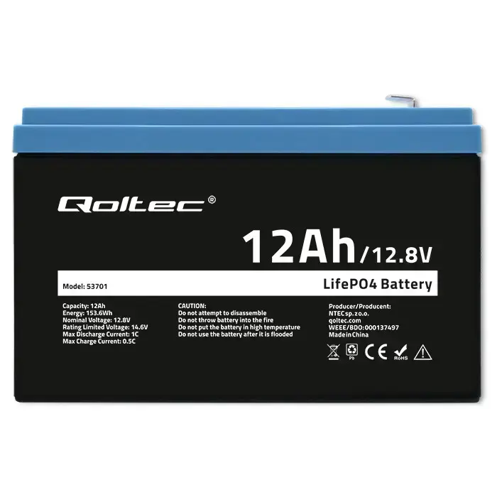 Qoltec LiFePO4 lithium iron phosphate battery | 12.8V | 12Ah | 153.6Wh | BMS Foto 6