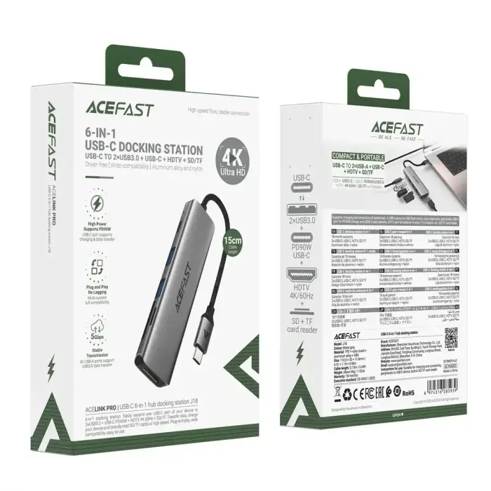 Acefast J18 USB Hub USB-C 6-in-1 HDMI 4K 60Hz PD90W Docking Station - Gray Фото 4