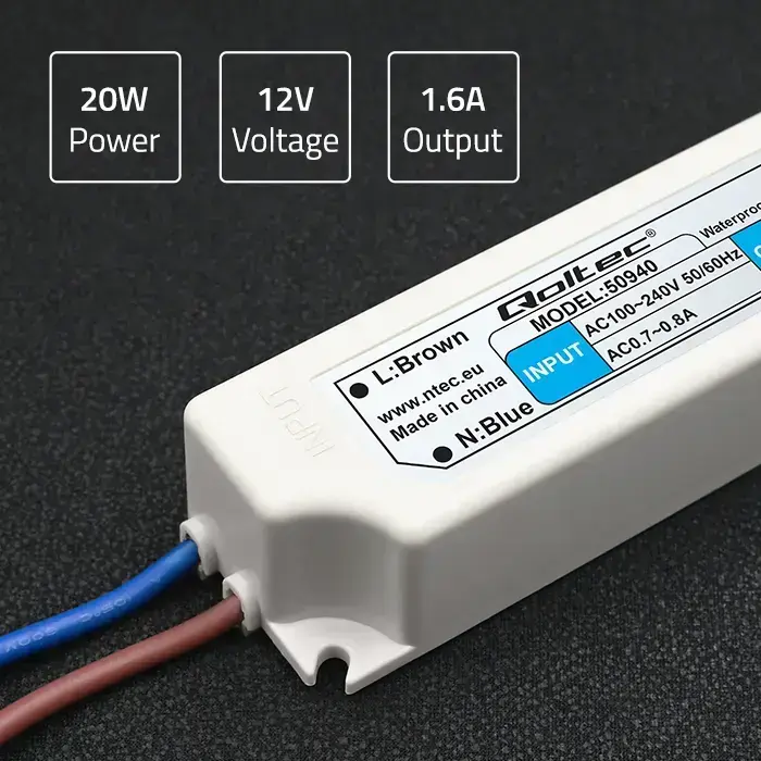 Qoltec LED Driver IP67 20W | 12V | 1.6A | Waterproof | White Photo 5