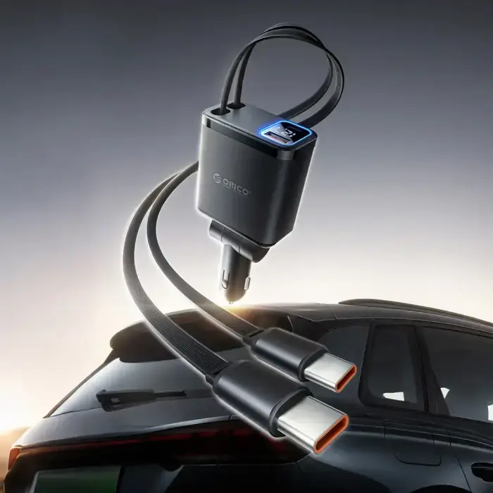Orico Twin Reach 45W USB-A + USB-C Car Charger with Two Retractable USB-C Cables - Black Foto 3