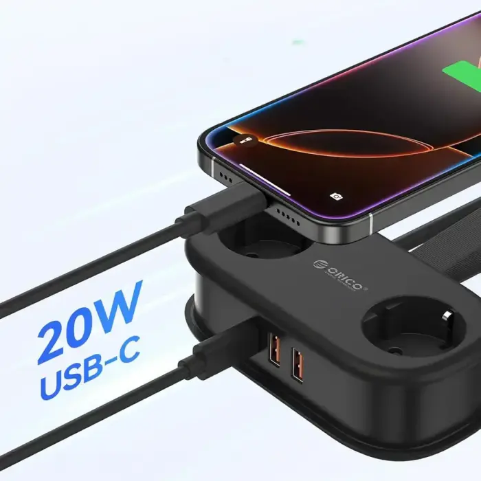 Orico APP 15.5W 5in1 Power Strip 2x AC + 2x USB-A + 1x USB-C - Black Photo 4