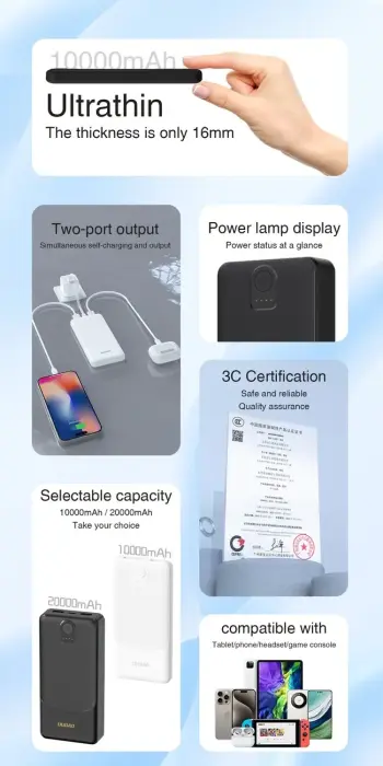 Dudao K10 внешний аккумулятор (powerbank) | 10000 mAh | 12W | USB-C, USB-A | LED дисплей | черный Фото 3