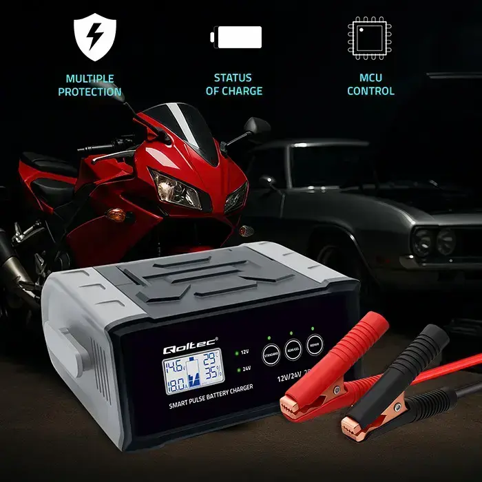 Qoltec Intelligent microprocessor charger 12V 24V 25A | Rectifier with repair function for AGM GEL SLA battery | LCD Фото 4