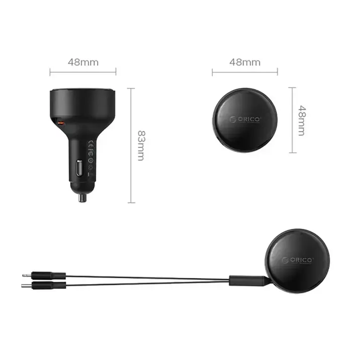 Orico Dual Stretch 60W USB-C Car Charger with Two Retractable USB-C + Lightning Cables - Black Foto 2