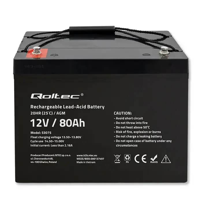 Qoltec AGM battery | 12V | 80Ah | 23.5kg | Maintenance-free | Strong | LongLife | for UPS, RV, boat, heater Фото 5