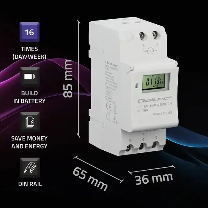 Qoltec Electronic Timer Switch for DIN Rail with Built-in Battery | 7-Day Schedule | 16 Programs Foto 2