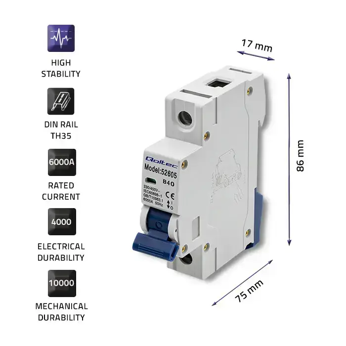 Qoltec Overcurrent Circuit Breaker B40| Fuse | AC | 40A | 1P Foto 3