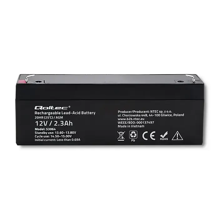 Qoltec AGM battery | 12V | 2.3Ah | Maintenance-free | Efficient| LongLife | for UPS, scale, cash register Фото 5