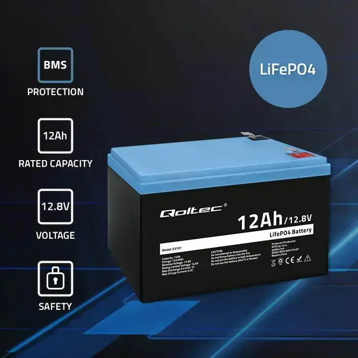 Qoltec LiFePO4 lithium iron phosphate battery | 12.8V | 12Ah | 153.6Wh | BMS Foto 2