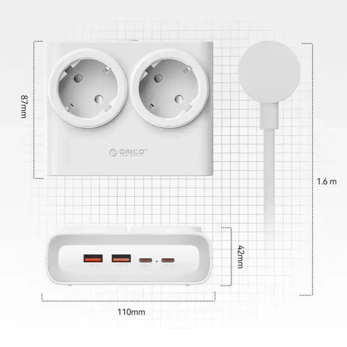 Orico PDC25 25W 6in1 Power Strip 2x AC + 2x USB-A + 2x USB-C - White Foto 4