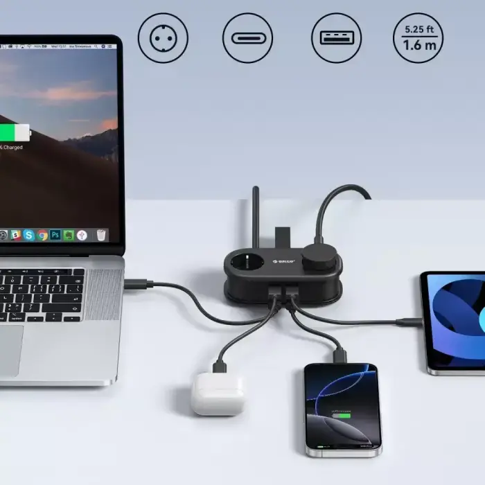 Orico AP3 20W GaN 5in1 Power Strip 2x AC + 2x USB-A + 1x USB-C - Black Фото 5