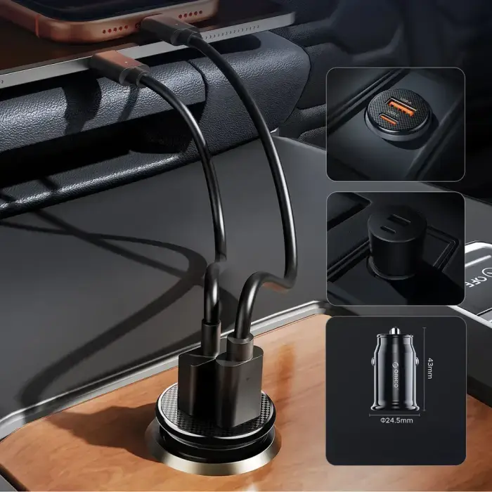 Orico PowerMini 30W USB-C + USB-A Car Charger - Black Foto 10
