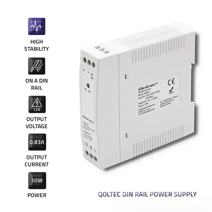 Qoltec DIN rail power supply | 10W | 12V | 0.83A | White | Slim Foto 4