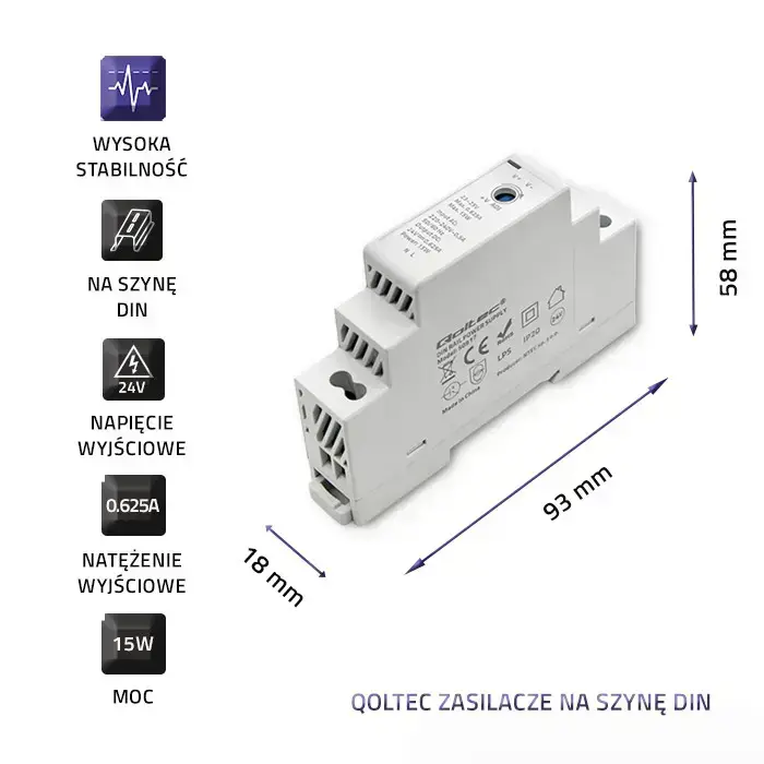 Qoltec DIN rail power supply | 15W | 24V | 0.625A | Gray Photo 4