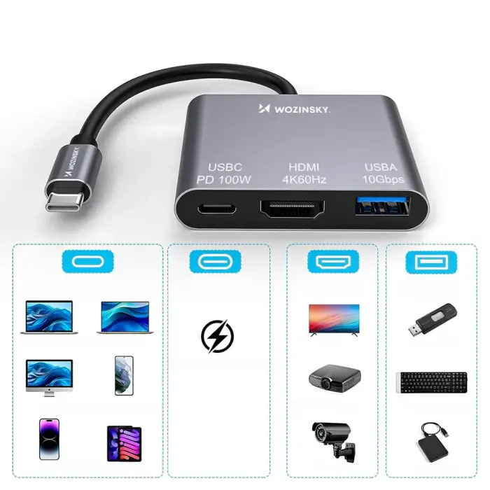 Hub Wozinsky WHCH-01 USB-C PD 100W HDMI 4K@30Hz USB-A 10Gbps - gray Фото 5