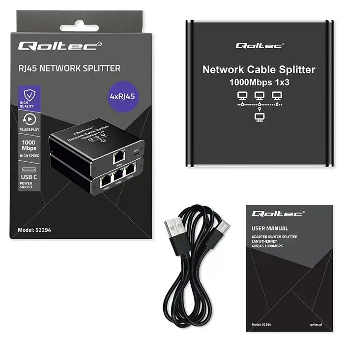 Qoltec Splitter Ethernet mini SWITCH 1x3 RJ45 | 1000Mb/s | USB-C | Aluminium Foto 17