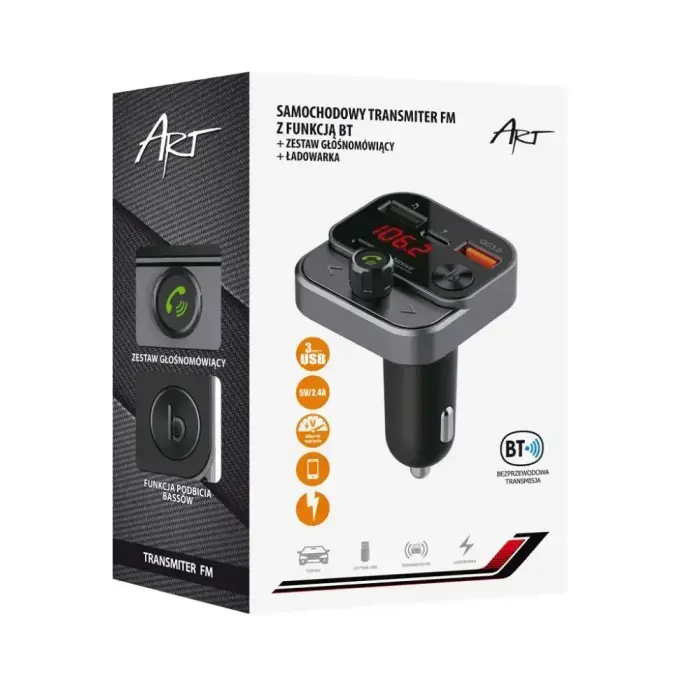 ART transmiter FM bluetooth 5.0 + USB A QC3.0 + Typ C (total 30W) FM-84B black Фото 3