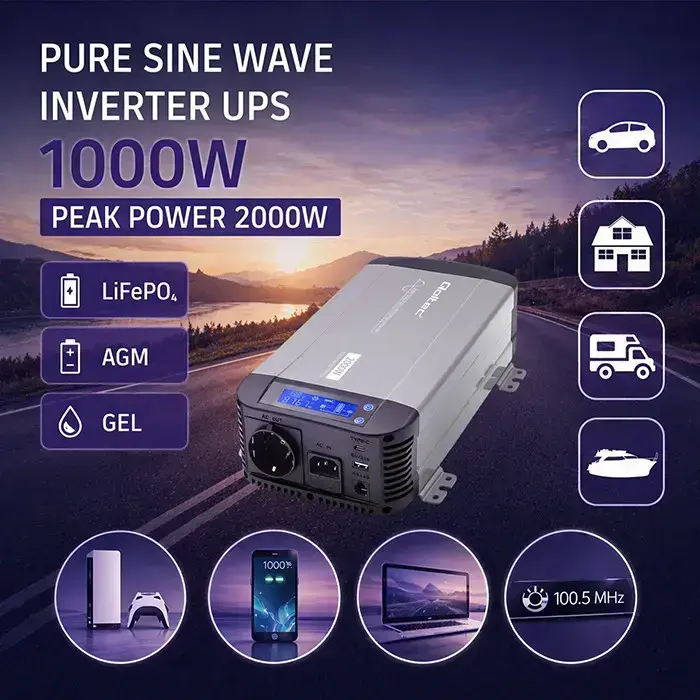 Qoltec Pure Sine Wave Inverter with UPS | 12V to 230V | 1000/2000W | LCD | USB | USB-C | Compatible with LiFePO4 GEL AGM  Photo 2