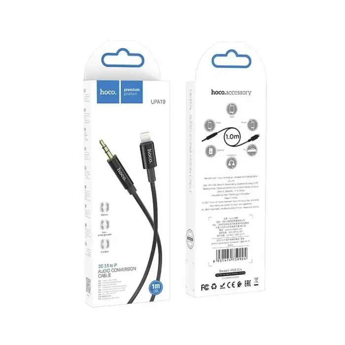 Cable AUX Jack 3,5 mm to Lightning Hoco 1 m UPA19 black Photo 4