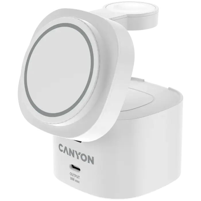 Canyon 4 in 1 Wireless Charging Stand, 30W max, Size: 70x70x70.3mm, weight: 414g, with 65W charger and 1M cable, white Foto 2