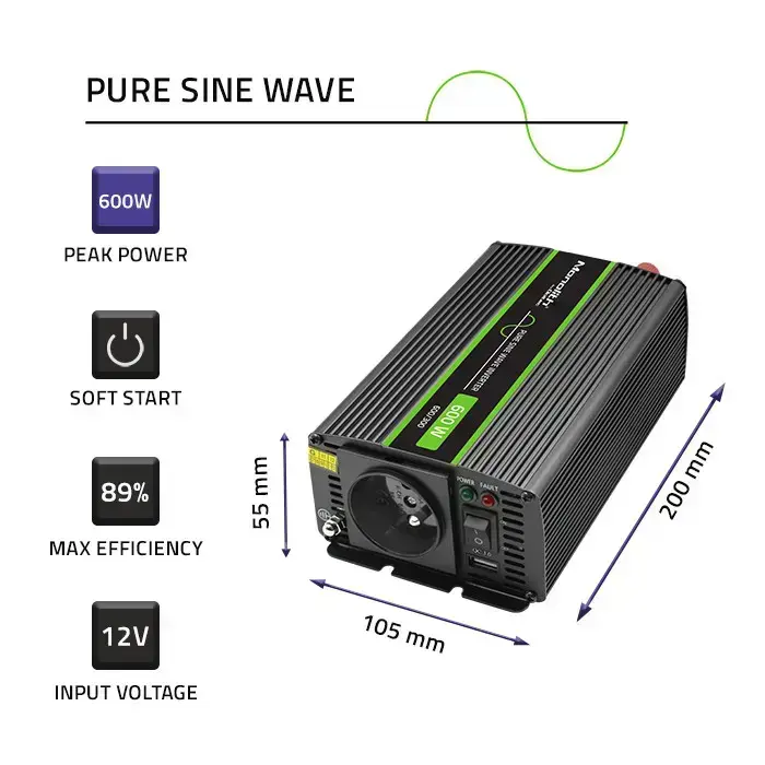 Qoltec Pure Sine Wave Inverter Monolith| 300W | 600W | 12V to 230V Photo 7