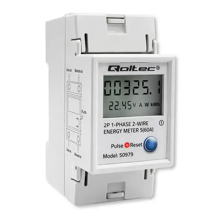 Qoltec Single-phase electronic energy consumption meter for DIN rail | RESET | periodic and continuous meter | 230V | 60A | LCD | LED | 2P Foto 14