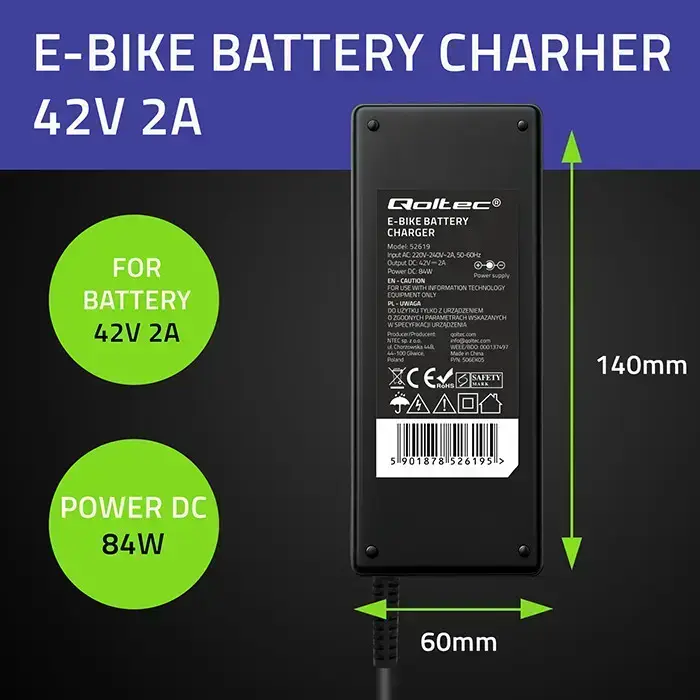 Qoltec Fast Charger for e-bike 36V | 42V | 2A | GX12-3Pin +power cable Фото 6