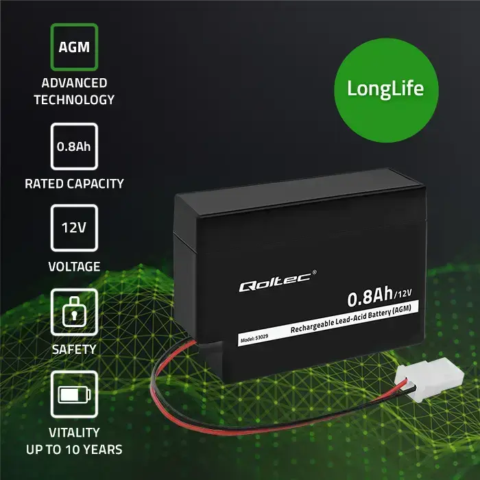 Qoltec AGM battery | 12V | 0.8Ah | Maintenance-free | Efficient| LongLife | for toys, vehicles Фото 3