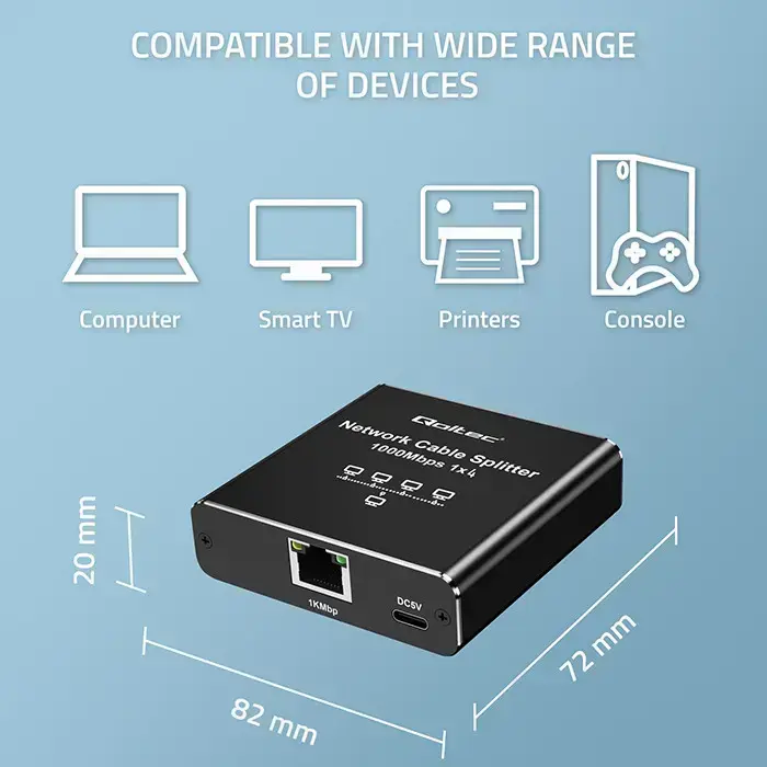 Qoltec Splitter Ethernet mini SWITCH 1x4 RJ45 | 1000Mb/s | USB-C | Aluminium Фото 2