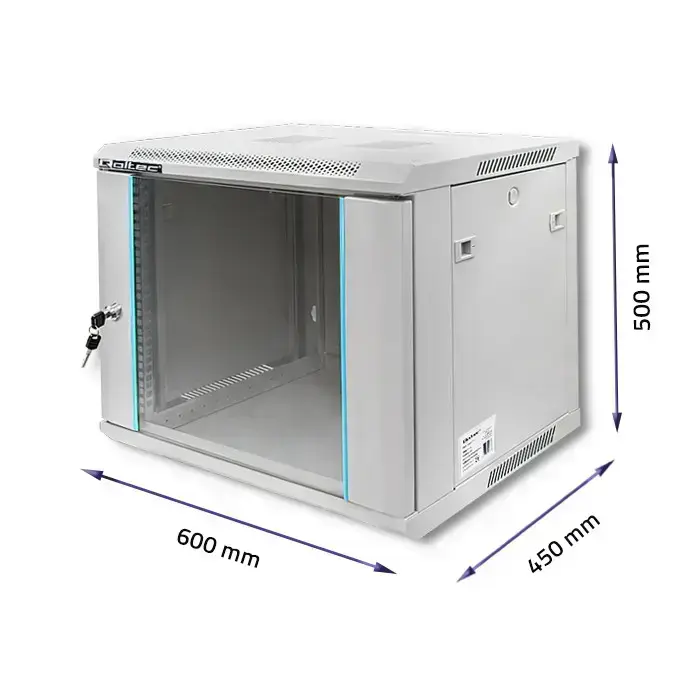 Qoltec RACK Cabinet 19" | 9U | 600 x 500 x 450 | Tempered doors | Hanging | Steel case | Lock | Grey Foto 3